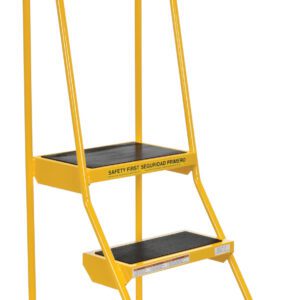 The Vestil Spring Loaded Roll Ladder 3 Step Yellow includes black, non-slip treads and handrails. It stays stable on four rubber-tipped feet, with Safety First prominently displayed on the front edge of the middle step for assured safe use.