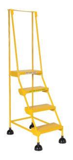 The Vestil Spring Loaded Roll Ladder Perf 4 Stp Yel is a mobile step stool with three gripped steps, four rubber-tipped feet, side handles for support, and a warning label on the middle step, ensuring safe and easy access to elevated areas.