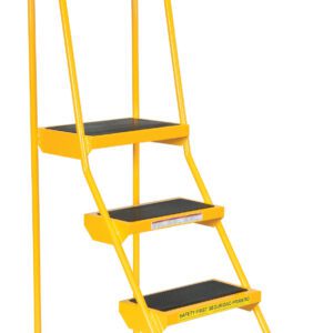The Vestil Spring Loaded Roll Ladder 4 Step Yellow has black anti-slip steps, handrails, and rubber-tipped feet for stability. A Safety First label ensures secure use.