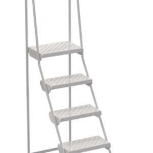 The Vestil Spring Loaded Roll Ladder Perf 5 Stp Wht blends functionality and safety with five perforated steps and four black rubber-tipped feet for stability, offering a simple yet secure design ideal for accessing higher areas.