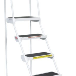 The Vestil Spring Loaded Roll Ladder 5 Step White combines a sleek design with five black non-slip steps, one-sided handrail, round black protective leg stoppers, and visible warning labels for enhanced safety.