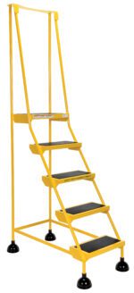 The Vestil Spring Loaded Roll Ladder 5 Step Yellow includes four wide, rubber-coated steps with visible safety warnings, a yellow frame, dual handrails for safety, and round stable feet.