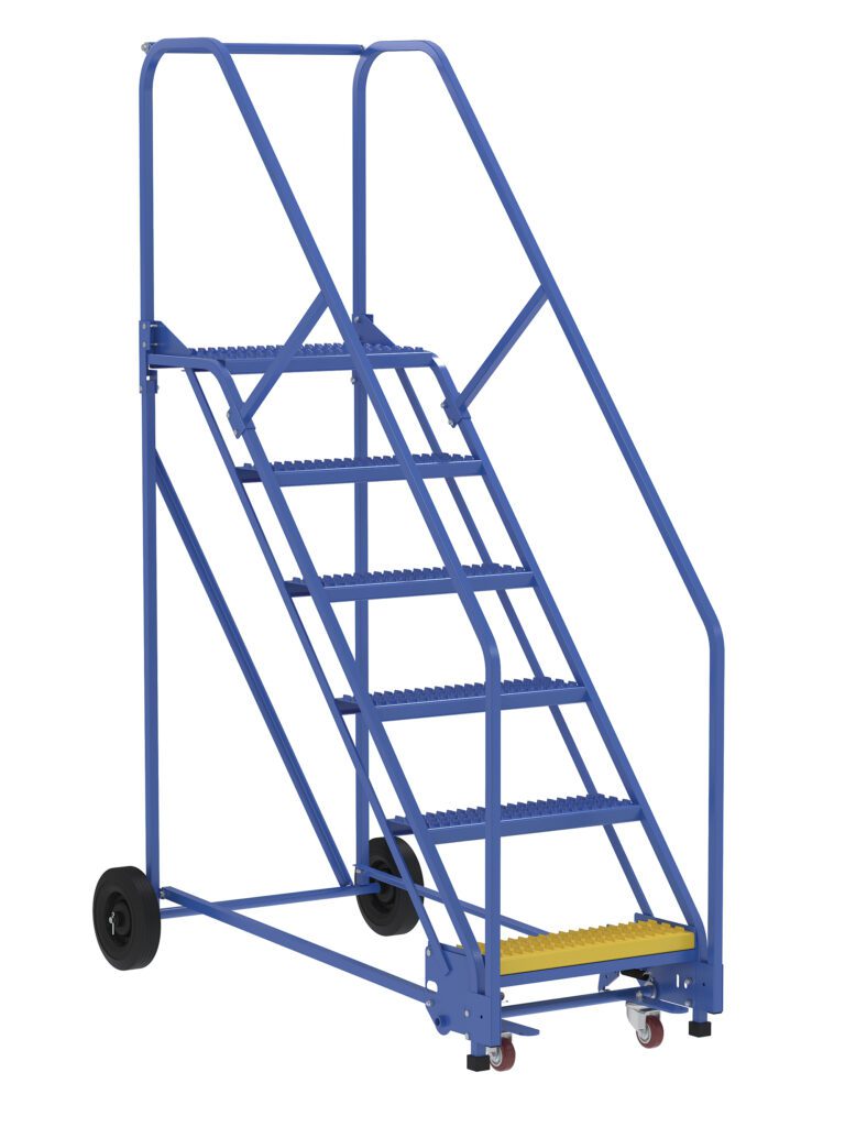 LAD-6-14-G-EZ_A.jpg The Vestil Warehouse Ladder 50 Deg Grip 6 Stp 14 In showcases a blue design with six steps and dual handrails. Its yellow-marked bottom step enhances safety. The ladders 50-degree grip and four wheels, featuring two larger back wheels, ensure seamless mobility.