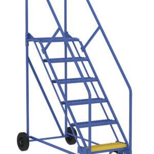 The Vestil Warehouse Ladder 50 Deg Grip 6 Stp 14 In showcases a blue design with six steps and dual handrails. Its yellow-marked bottom step enhances safety. The ladders 50-degree grip and four wheels, featuring two larger back wheels, ensure seamless mobility.