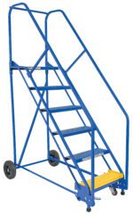 Introducing the Vestil Warehouse Ladder 50 Deg Perf 6 Stp 14 In, a blue mobile ladder with six metal steps, including a distinct yellow base step. Designed for industrial use, it features a 50-degree angle, two rear wheels, and handrails for safety.