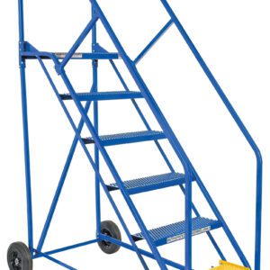 Introducing the Vestil Warehouse Ladder 50 Deg Perf 6 Stp 14 In, a blue mobile ladder with six metal steps, including a distinct yellow base step. Designed for industrial use, it features a 50-degree angle, two rear wheels, and handrails for safety.