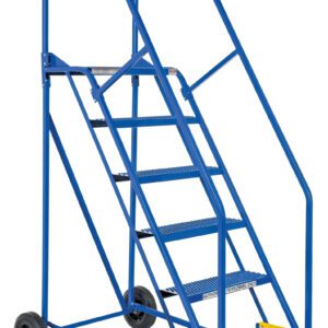 The Vestil Warehouse Ladder 58 Deg Perf 6 Stp 14 In features a blue metal design with six steps and a sturdy yellow platform. Its 58-degree incline and robust handrails ensure safety. Equipped with two rear wheels, it offers easy mobility for efficient warehouse tasks.