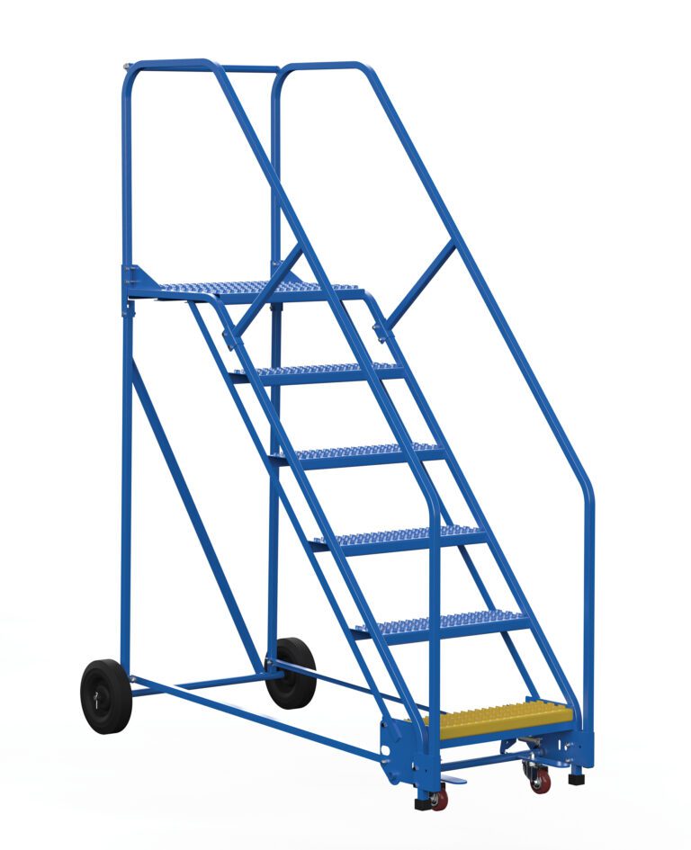 LAD-6-21-G-EZ_A.jpg The Vestil Warehouse Ladder 50 Deg Grip 6 Stp 21 In features blue rolling construction, six metal steps, safety rails, and a yellow-highlighted bottom step for visibility. Its design includes wheels for mobility on a plain white background, making it ideal for versatile use.