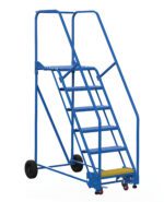 The Vestil Warehouse Ladder 58 Deg Grip 6 Stp 21 In has a blue design with a 58-degree grip, six steps, and safety rails. It features two large black wheels and two smaller red caster wheels for easy mobility. The top step is highlighted in yellow for enhanced safety.
