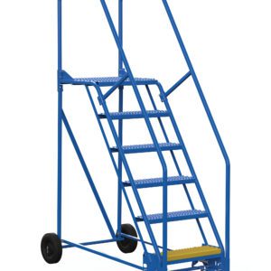The Vestil Warehouse Ladder 58 Deg Grip 6 Stp 21 In has a blue design with a 58-degree grip, six steps, and safety rails. It features two large black wheels and two smaller red caster wheels for easy mobility. The top step is highlighted in yellow for enhanced safety.