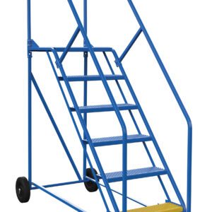 Introducing the Vestil Warehouse Ladder 58 Deg Perf 6 Stp 21 In, a sleek blue metal rolling ladder with six perforated steps and sturdy handrails. It features back wheels for easy mobility and a bright yellow bottom step for enhanced safety and visibility.