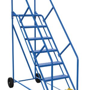 The Vestil Warehouse Ladder 50 Deg Grip 7 Stp 14 In is a blue rolling metal ladder with seven steps, handrails on both sides, wheels for easy movement, and a slip-resistant yellow surface on the bottom step for safety at a 50-degree angle.