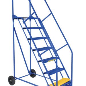 The Vestil Warehouse Ladder 58 Deg Grip 7 Stp 14 In features a sturdy blue frame, handlebar, and wheels for easy maneuverability. With seven steps and contrasting yellow treads, it ensures safe access in industrial settings. Shown against a white background, it offers a reliable grip.
