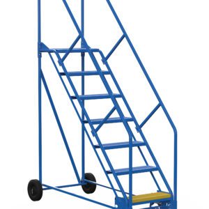 The Vestil Warehouse Ladder 50 Deg Perf 7 Stp 14 In features a blue metal design with sturdy handrails, a yellow non-slip surface on the top step, and back wheels for easy mobility. It has seven steps and a 50-degree angle, making it ideal for industrial or warehouse use.