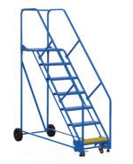 The Vestil Warehouse Ladder 50 Deg Grip 7 Stp 21 In offers a secure 50-degree grip with seven treaded steps and a distinct yellow top step. This blue ladder includes handrails and wheels for easy mobility, ideal for industrial use, and is built with a durable metal frame.