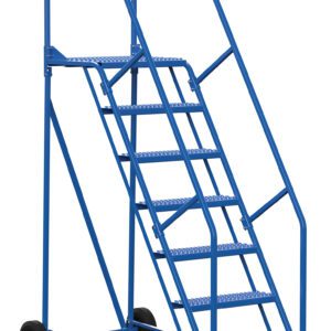 The blue Vestil Warehouse Ladder features handrails, a 21-inch yellow non-slip top step, and seven steps. Ideal for industrial settings, its 58-degree grip design and rear wheels ensure easy mobility, making it essential in any warehouse environment.