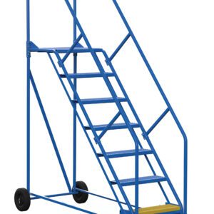 The Vestil Warehouse Ladder 50 Deg Perf 7 Stp 21 In features a 50-degree incline and seven steps for easy access. It includes a yellow tread on the first step, secure side railings, and wheels for smooth mobility in your workspace.