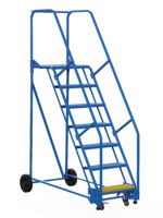 Discover the Vestil Warehouse Ladder 58 Deg Perf 7 Stp 21 In, a blue metal ladder with seven steps, safety rails, and a top platform. It features two rear wheels for easy mobility and is designed at a 58-degree angle for optimal performance in any setting.