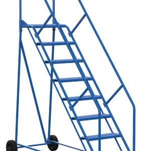 The Vestil Warehouse Ladder 50 Deg Grip 8 Stp 14 In features a blue design with safety rails, a yellow non-slip bottom step, and wheels for easy movement. Ideal for reaching high shelves, its 50-degree grip ensures secure footing across all eight steps.