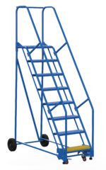 The Vestil Warehouse Ladder 58 Deg Grip 8 Stp 14 In is a blue, wheeled ladder with handrails, featuring seven perforated steps and a yellow bottom step for safety. Its 58-degree grip angle provides secure access to elevated warehouse areas.