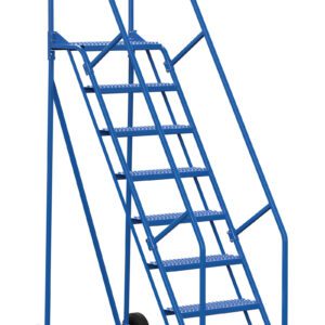 The Vestil Warehouse Ladder 58 Deg Grip 8 Stp 14 In is a blue, wheeled ladder with handrails, featuring seven perforated steps and a yellow bottom step for safety. Its 58-degree grip angle provides secure access to elevated warehouse areas.