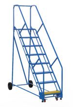 The blue Vestil Warehouse Ladder 50 Deg Perf 8 Stp 14 In is a mobile ladder with eight steps and safety handrails, featuring a durable metal frame, two rear wheels, and front casters for easy movement.