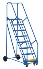 The Vestil Warehouse Ladder 58 Deg Perf 8 Stp 14 In, with its unique blue color, features eight steps and handrails for safety. Designed at a 58-degree angle, it has perforated metal steps for enhanced grip and is perfect for industrial use, offering easy mobility with wheels and a durable platform.