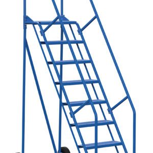The Vestil Warehouse Ladder 58 Deg Perf 8 Stp 14 In, with its unique blue color, features eight steps and handrails for safety. Designed at a 58-degree angle, it has perforated metal steps for enhanced grip and is perfect for industrial use, offering easy mobility with wheels and a durable platform.