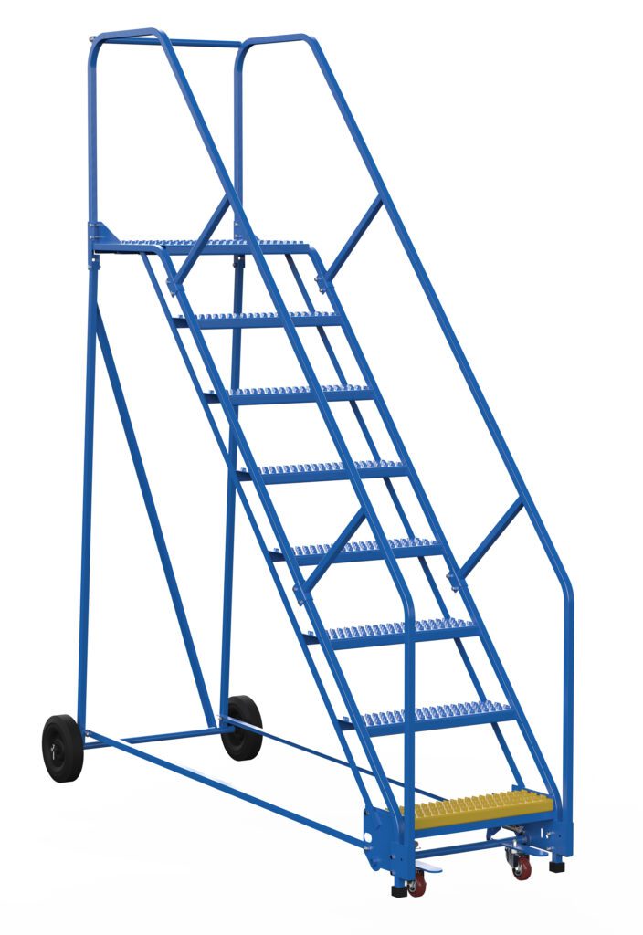 The Vestil Warehouse Ladder 50 Deg Grip 8 Stp 21 In has a 50-degree incline, eight steps with a unique yellow top step, sturdy handrails, and wheels for easy mobility. This blue ladder makes warehouse navigation seamless.