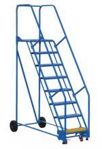 The Vestil Warehouse Ladder 58 Deg Grip 8 Stp 21 In features a safe, mobile design with a 58-degree incline, eight steps, textured surfaces for grip, and two rear wheels. Its blue ladder ensures reliability, while the 21-inch wide yellow base step offers stability in any setting.