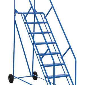 The Vestil Warehouse Ladder 50 Deg Perf 8 Stp 21 In, with handrails and wheels, features eight steps including a yellow bottom step, has non-slip metal treads for safety, and is designed for easy movement.