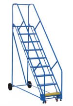 The Vestil Warehouse Ladder 50 Deg Perf 9 Stp 14 In features a blue rolling industrial design with nine steps, dual safety rails, wheels for mobility, and a yellow safety step at the base, ideal for warehouse use.