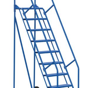 The Vestil Warehouse Ladder 58 Deg Perf 9 Stp 14 In boasts a sleek design with nine steps and dual-side handrails. It features a stable, mobile 58-degree angle and rear wheels, with the bottom step highlighted in yellow for visibility, ensuring efficient navigation in any space.