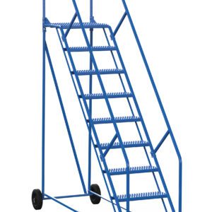 The Vestil Warehouse Ladder 50 Deg Grip 9 Stp 21 In is designed for efficiency with nine steps and a 50-degree grip. Its blue frame with handrails moves easily on two black rear and two red front wheels, ensuring easy mobility in tight spaces.