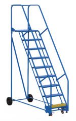 The Vestil Warehouse Ladder 58 Deg Grip 9 Stp 21 In is blue with a rolling design and a 58-degree angle. It features nine steps, a 21-inch wide platform, handrails, wheels for mobility, and a distinct yellow base step for safety.