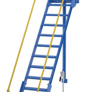 The blue metal staircase with wheels, yellow handrails, and grated steps for portability and safety resembles the Vestil Folding Mezzanine Ladder 120 In.