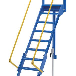 The Vestil Folding Mezzanine Ladder 96 In is a blue industrial ladder with yellow handrails, non-slip steps, adjustable height, and wheels for mobility. It features a side lever for secure locking.