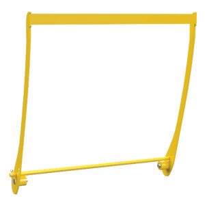 A yellow metal frame with a rectangular shape and two curved supports at the bottom, resembling the Vestil Optional Warehouse Ez Ladder Safety Gate—a piece of warehouse equipment or optional machinery component.