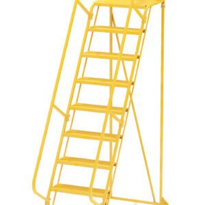 The Vestil Maintenance Ladder Perforated 10-Step Yellow is a sturdy metal structure with handrails on both sides, a safety chain on the top platform, and small wheels for enhanced mobility.