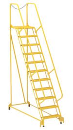 The Vestil Maintenance Ladder Grip-Strut 11-Step Yellow is a rolling safety ladder with a top platform, handrails, and chain entrance. Its four wheels offer easy mobility, making it ideal for industrial or warehouse use.