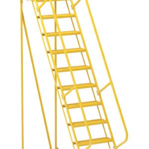 The Vestil Maintenance Ladder Grip-Strut 11-Step Yellow is a rolling safety ladder with a top platform, handrails, and chain entrance. Its four wheels offer easy mobility, making it ideal for industrial or warehouse use.