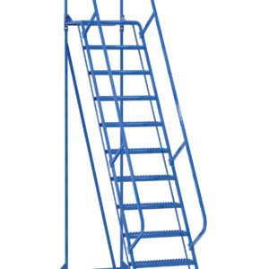 The Vestil Maintenance Ladder 11 Step Grip Strut offers easy access with 11 non-slip steps and handrails, ideal for warehouses. This blue rolling ladder has four wheels and a secure chain at the top for mobility and safety.