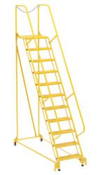 The Vestil Maintenance Ladder Perforated 11-Step Yellow is a mobile safety ladder with railings, a chain at the top, and wheels for easy transport, ideal for industrial or warehouse use.