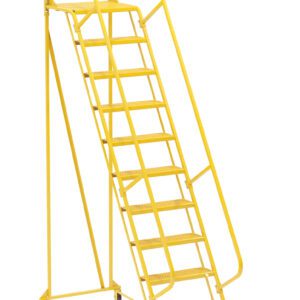 The Vestil Maintenance Ladder Perforated 11-Step Yellow is a mobile safety ladder with railings, a chain at the top, and wheels for easy transport, ideal for industrial or warehouse use.