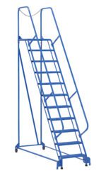 The Vestil Maintenance Ladder 11 Step Perforated is a blue rolling ladder with handrails on both sides, a safety chain at the top, and wheels for easy mobility. It has a tall frame and includes 11 perforated metal steps.