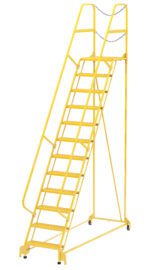 The Vestil Maintenance Ladder Grip-Strut 12-Step Yellow offers excellent safety with 12 wide steps, safety rails, a secure top chain, and four wheels for easy movement in any workspace.