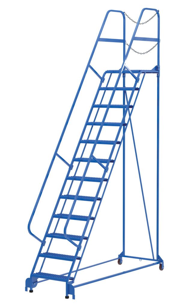 The Vestil Maintenance Ladder 12 Step Grip Strut is a blue mobile ladder with 12 steps, Grip Strut treads, wheels, handrails, and safety chains at the top for secure access to high storage areas.