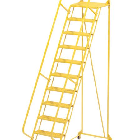 The Vestil Maintenance Ladder Perforated 12-Step Yellow is a rolling ladder with safety rails and a top security chain. It has wheels for mobility and a stable frame, making it ideal for industrial or warehouse use.