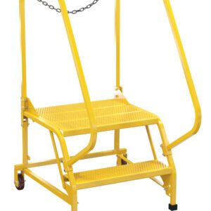 The Vestil Maintenance Ladder Perforated 2-Step Yellow stool is durable, with side railings, a safety chain, rubber-tipped legs, and a wheel for secure positioning and easy movement in industrial settings.