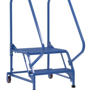 The Vestil Maintenance Ladder 2 Step Perforated is a blue, metal ladder with a safety chain at the top, side rails, perforated steps, and rear wheels for easy mobility, supported by a sturdy frame for enhanced stability.